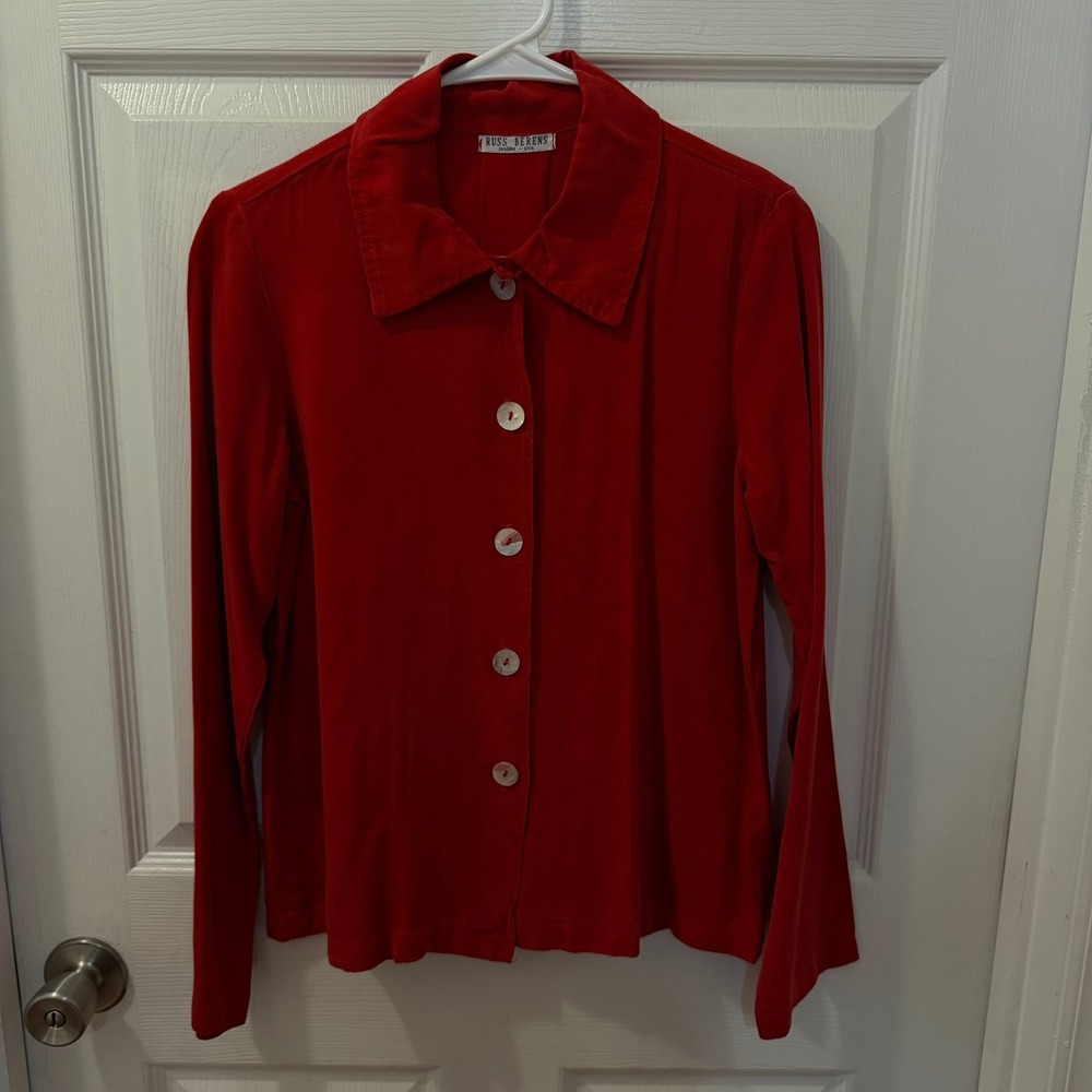 Vtg Russ Berens Malibu USA Women XS Red Button Up Collared Long Sleeve Shirt Top